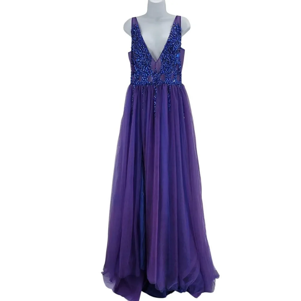 Elegant Purple Evening Gown With Blue Rhinestone Details